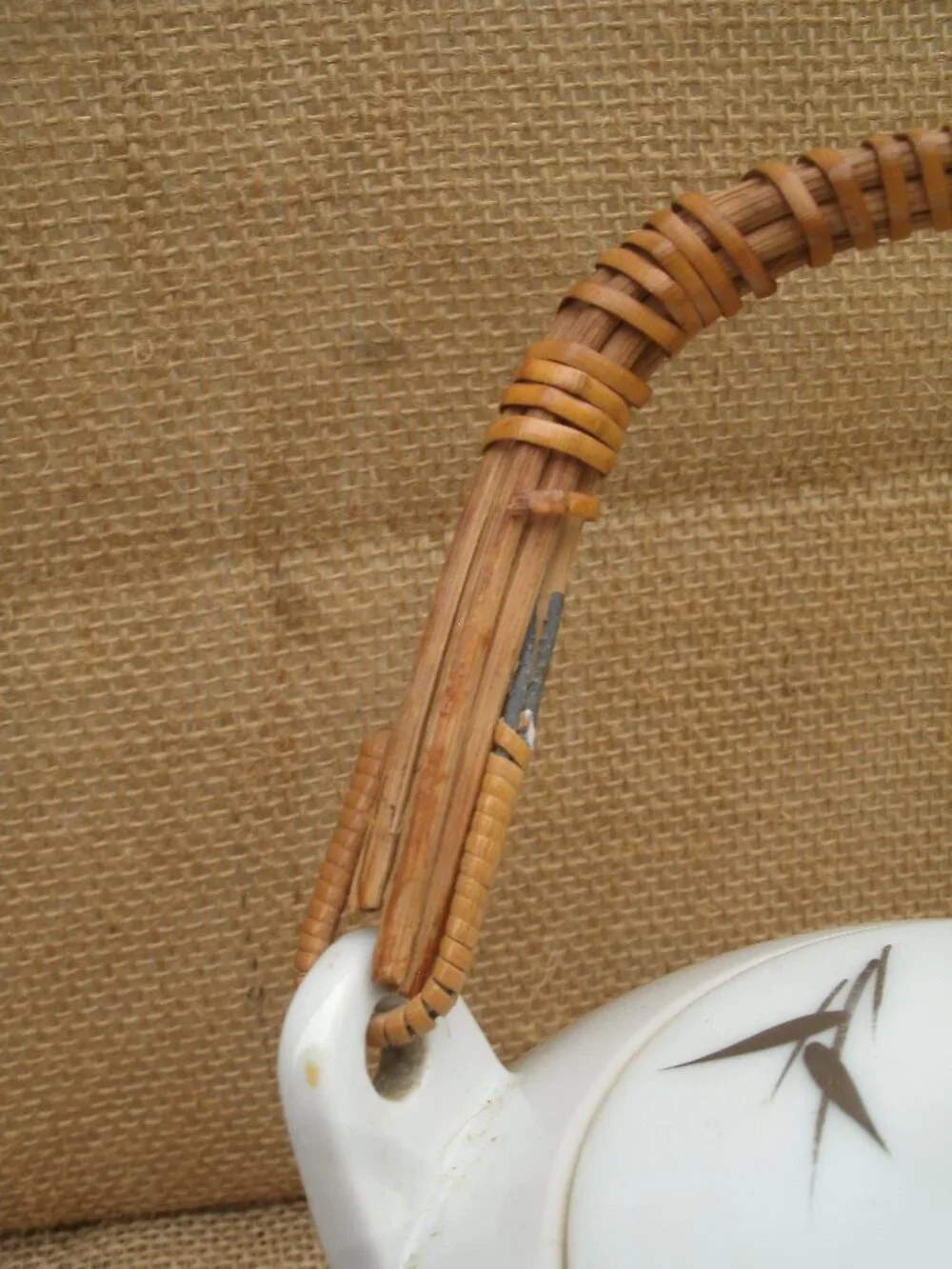 Vintage Otagiri Brushstroke Bamboo Teapot Rattan Handle